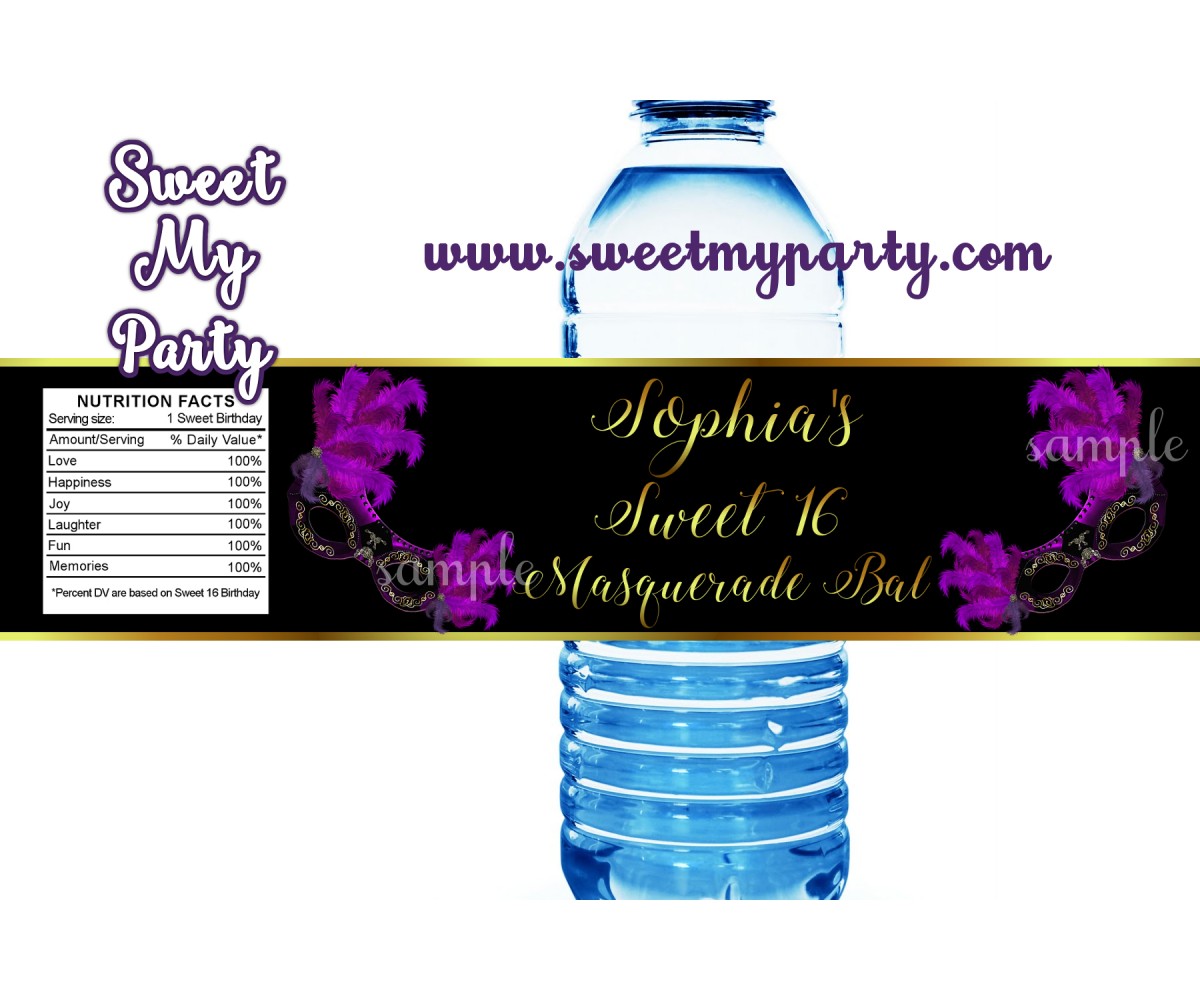 Sweet 16 Masquerade water bottle labels,Quinceanera Masquerade bottle labels,(010swee)